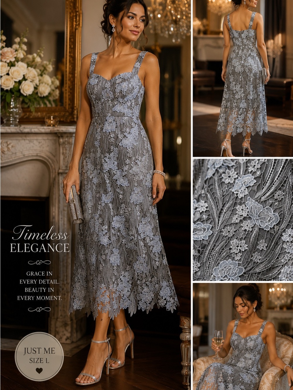 Just Me Size L Silver Lace Midi Dress Floral Overlay